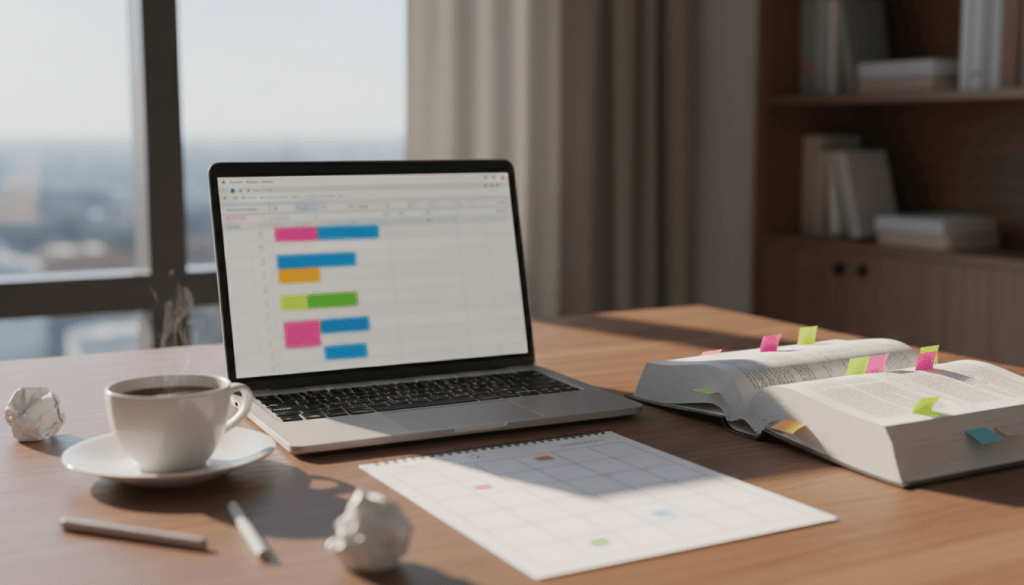 Desk with laptop, open statute book with tabs and a paper calendar