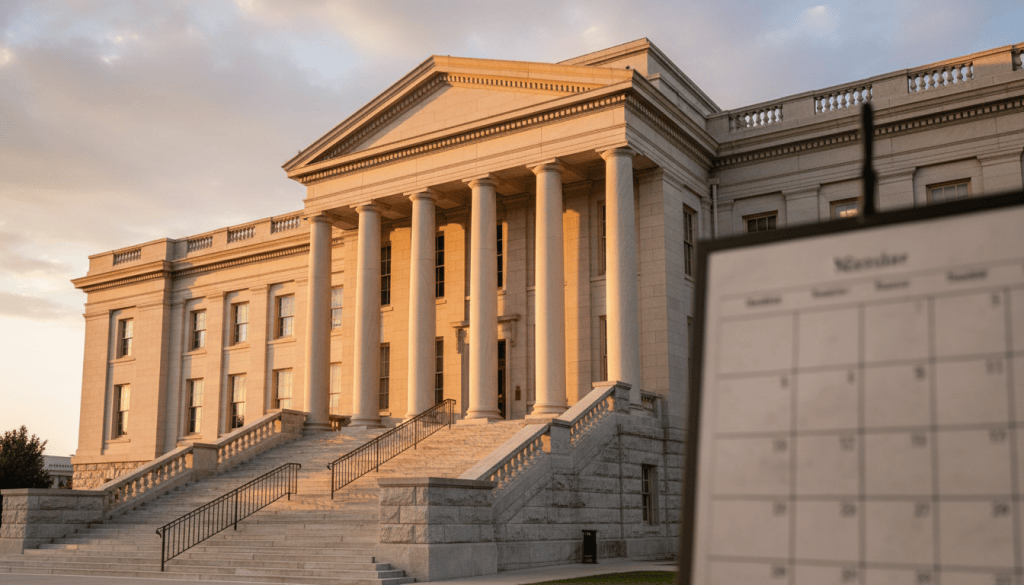 State capitol building with stone columns at golden hour