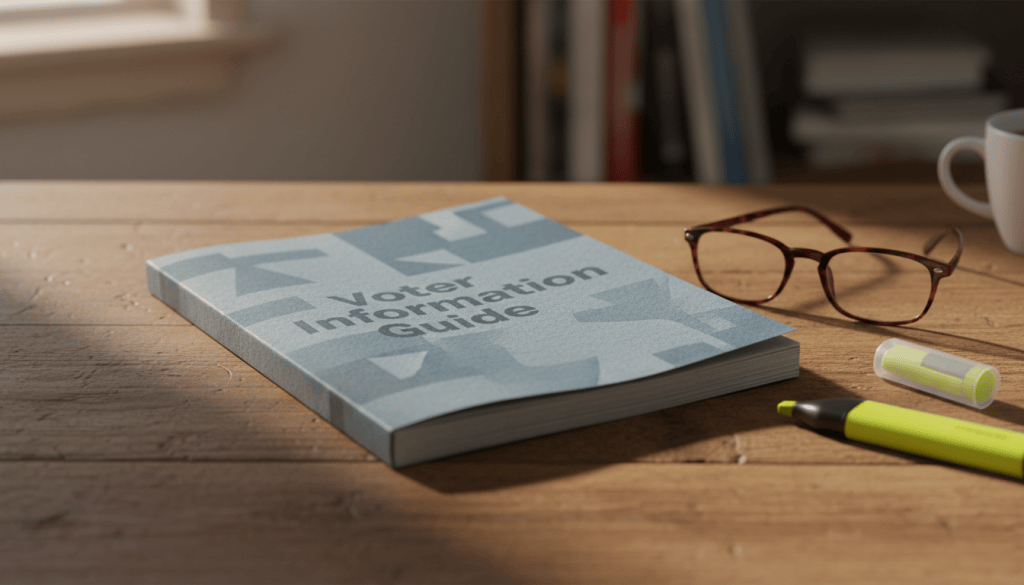 Closed voter guide booklet beside reading glasses and a highlighter