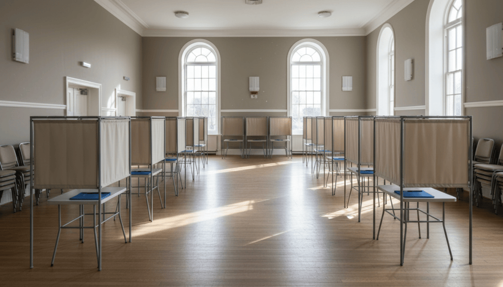 Empty polling place with voting booths in a community hall