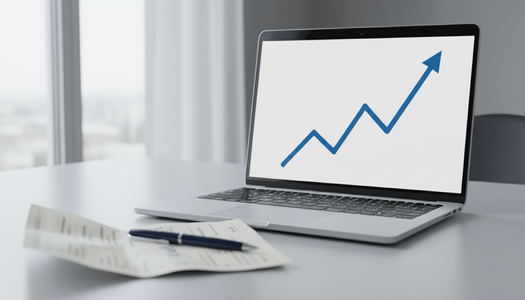Laptop showing an abstract rising line chart beside a printed legislative document and a pen