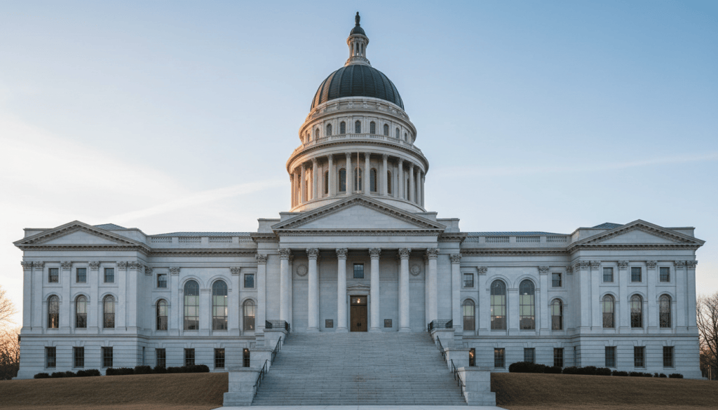 Domed state capitol building with wide stone steps in soft morning light