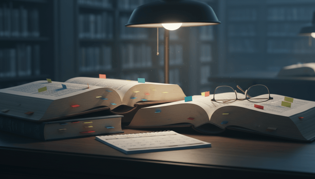Open statute books with tab markers, a calendar page and reading glasses on a law library table